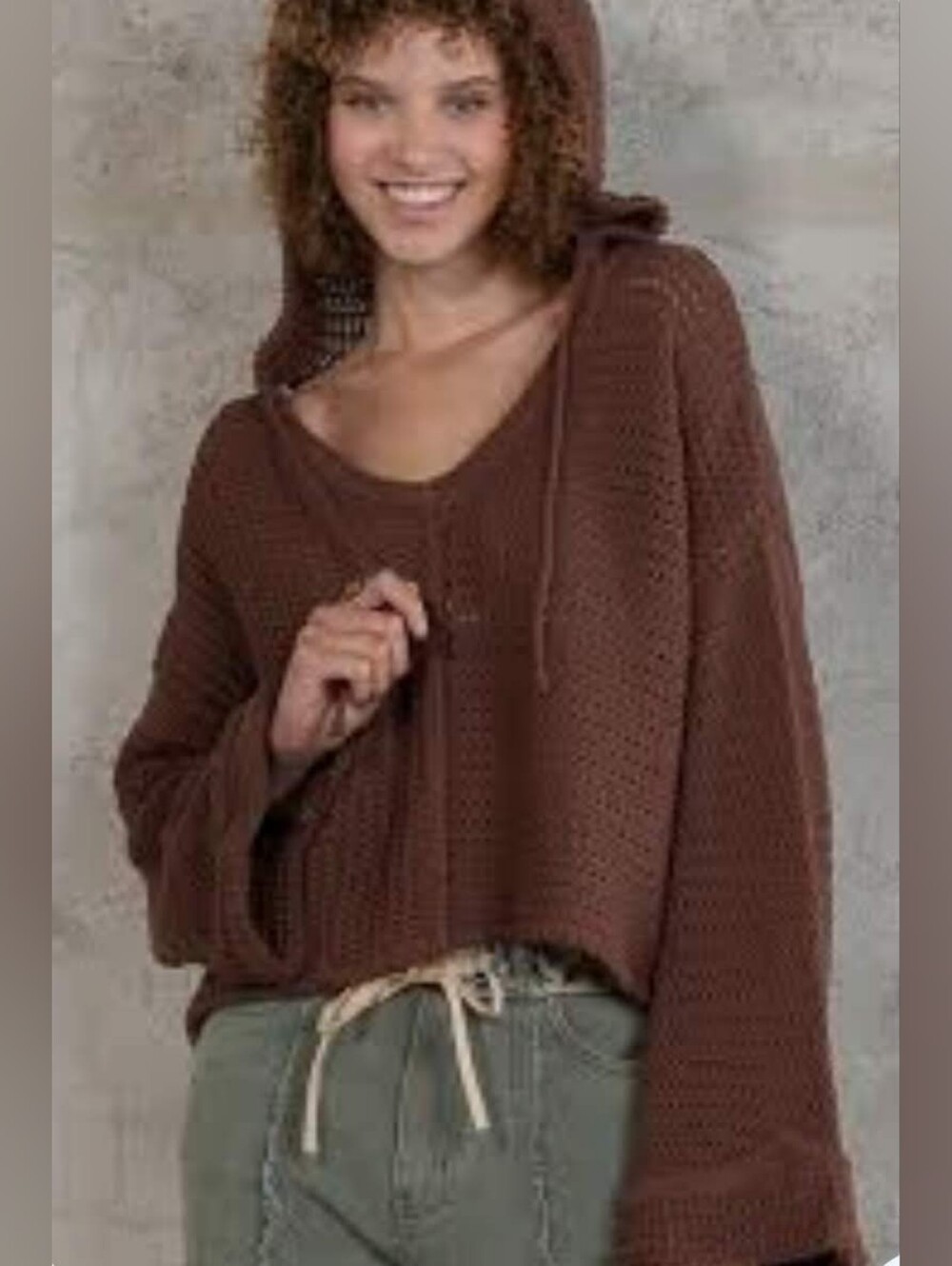 POL Brown Cropped Hooded Knit Sweater Size Small
